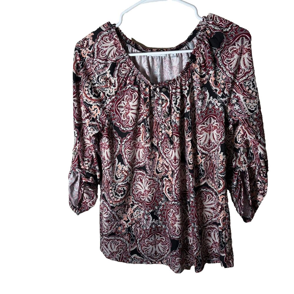 Notations Blouse Women's Medium Round Neck 3/4 Sleeve Printed Shirt Top